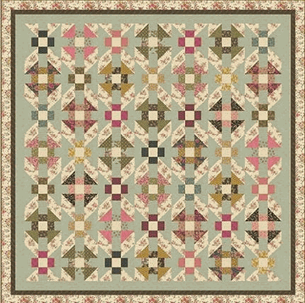 I'll Fly Away Quilt Kit featuring colorful floral and geometric patterns in red, gold, cream, pink, and blue by Marcus Howard for Moda Fabrics, 66x66 inches.
