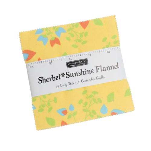 Sherbet Sunshine Flannels charm pack with 42 colorful 5-inch fabric squares by Corey Yoder for Moda Fabrics