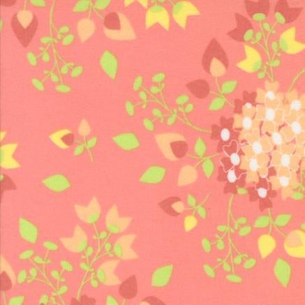 Sherbet Sunshine Flannels floral pink fabric with green and yellow leaves by Corey Yoder for Moda