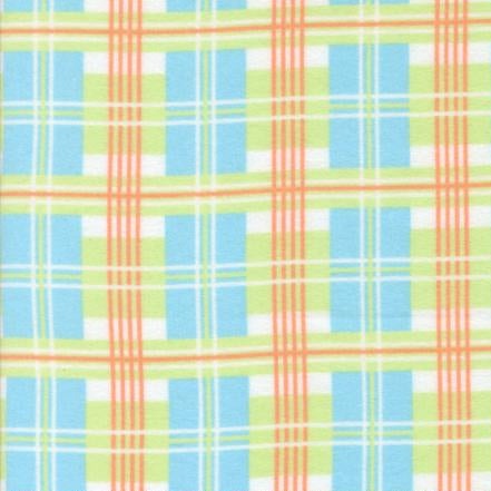 Sherbet Sunshine Flannels plaid fabric in sky blue, green, and orange checks by Corey Yoder