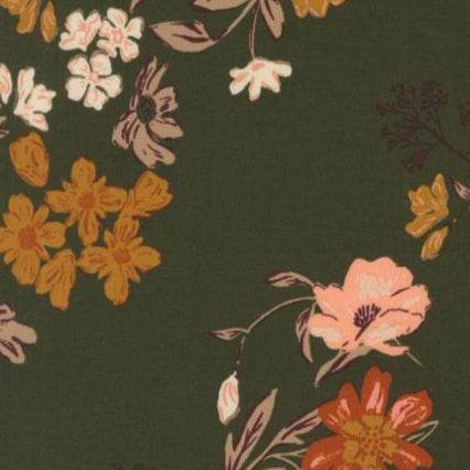 Foraged Found & Hand Me Down Harvest Bloom Floral Pine fabric with vintage-inspired flowers on green background