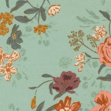 Foraged Found & Hand Me Down floral fabric by Fancy That Design House with vintage-inspired bloom mist pattern on green background