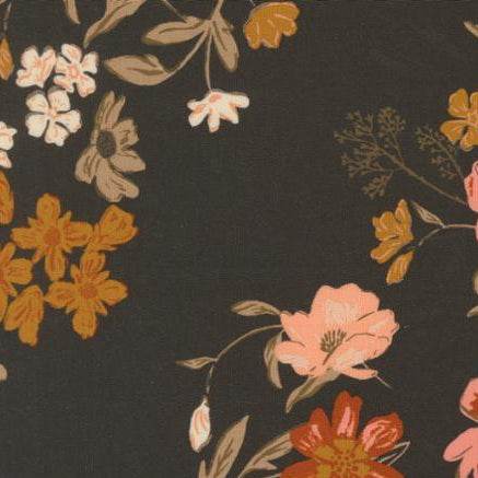 Foraged Found & Hand Me Down fabric with Harvest Bloom floral design on dark background by Fancy That Design House for Moda Fabrics