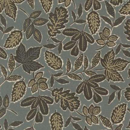 Foraged Found & Hand Me Down leaf pattern fabric by Fancy That Design House for Moda Fabrics in metal tones