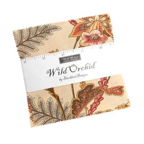 42-piece Wild Orchid Charm Pack fat quarter bundle by Blackbird Designs for Moda Fabrics with autumn floral prints