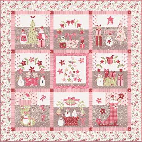 Sweet Christmas BOM Quilt Kit with pink holiday-themed patchwork and festive designs