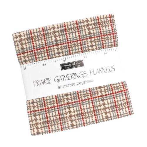 Prairie Gatherings Flannels charm pack with 42 cozy fabric pieces in autumn tones by Primitive Gatherings