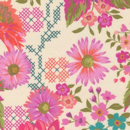 Parlor Happy Blooms Cream fabric with vibrant pink and purple floral and geometric patterns on cream background