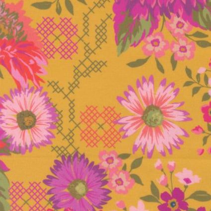 Parlor Happy Blooms Dijon fabric with floral and geometric patterns on mustard background