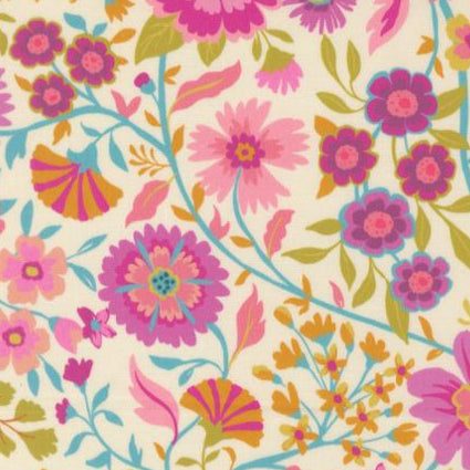 Parlor Wild and Free Cream fabric by Crystal Manning with colorful floral and geometric patterns on cream background