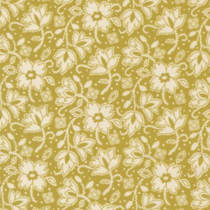 Parlor Soul Shine Pesto fabric by Crystal Manning with floral paisley pattern in mustard yellow and white