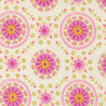 Parlor Mandala Cream fabric by Crystal Manning with pink and yellow mandala pattern on cream background