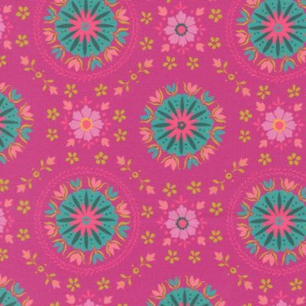 Parlor Mandala Passion Fruit fabric with teal and pink geometric mandala pattern on passion fruit background by Crystal Manning for Moda Fabrics