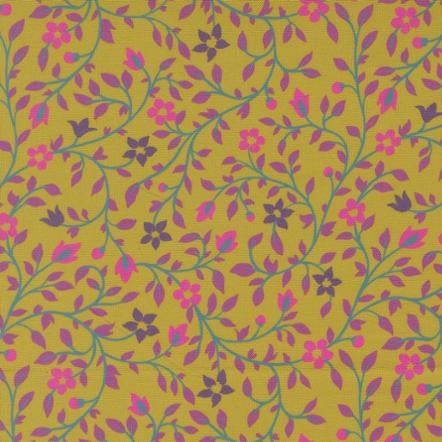 Parlor Serenity Pesto fabric with floral vine design in jewel-toned yellow, pink, and purple colors by Crystal Manning for Moda Fabrics