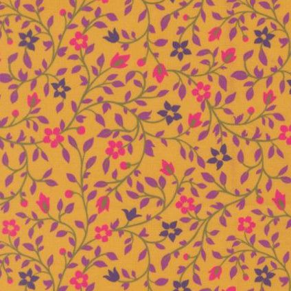 Parlor Serenity Dijon fabric by Crystal Manning in mustard yellow with pink and purple floral pattern