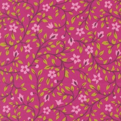 Parlor Serenity Passion Fruit fabric with pink floral and green leaf pattern by Crystal Manning for Moda Fabrics