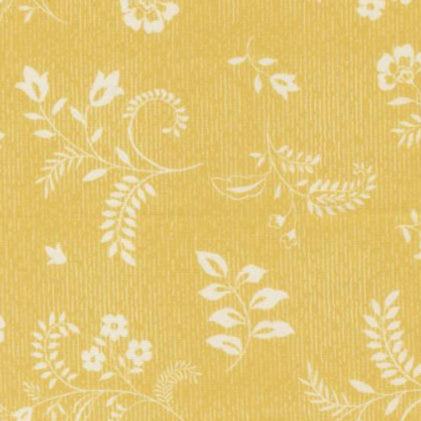 Parlor Boho Flowers maize yellow fabric with white floral pattern by Crystal Manning for Moda Fabrics