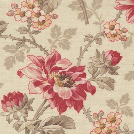 Joie De Vivre Angelique Florals Pearl fabric with vintage-inspired pink and beige floral prints by French General for Moda Fabrics