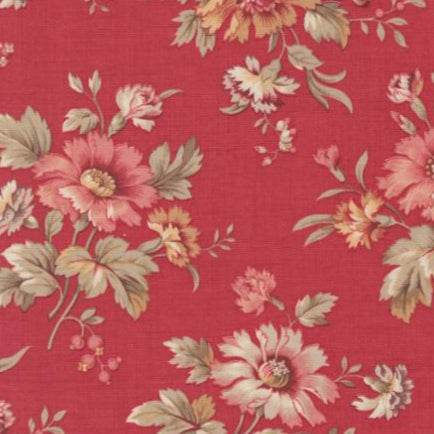 Joie De Vivre Cosmos Florals Rouge fabric by French General with vintage floral design on red background