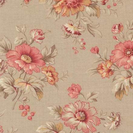 Joie De Vivre Cosmos Florals fabric with vintage-style pink and cream flowers on beige background