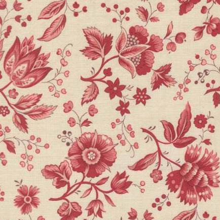 Joie De Vivre floral fabric with red and pink flowers on cream background by French General for Moda Fabrics