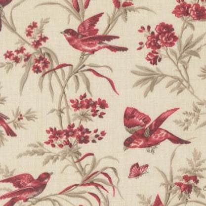 Joie De Vivre floral fabric with red birds and botanical prints by French General for Moda Fabrics