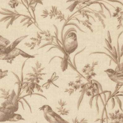 Joie De Vivre Moineau Florals fabric with birds and floral design in soft vintage tones