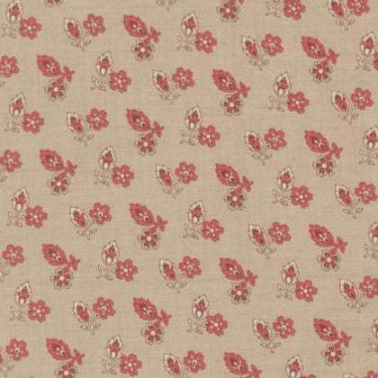 Joie De Vivre Coucou Blenders Roche fabric with small red floral print on beige background by French General for Moda Fabrics