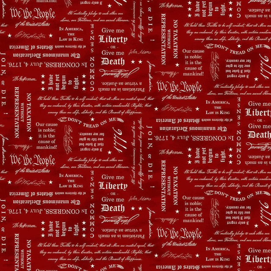 United We Stand colonial America red fabric with patriotic historical text by Chestnut House Studios