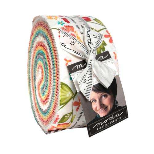 In the Garden Jelly Roll fabric bundle by Corey Yoder with 40 colorful floral 2.5 inch strips for quilting