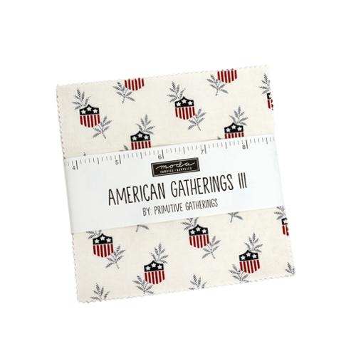 American Gatherings III charm pack with 42 patriotic 5-inch fabric squares by Primitive Gatherings for Moda Fabrics