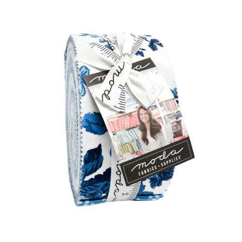Blueprint Jelly Roll fabric bundle with 40 strips in blue and white vintage floral and plaid designs by Camille Roskelley for Moda Fabrics.