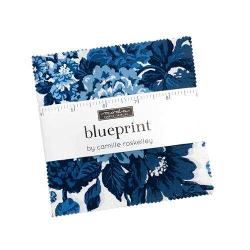 Blueprint Charm Pack by Camille Roskelley with 42 blue and white floral fabric squares from Moda Fabrics