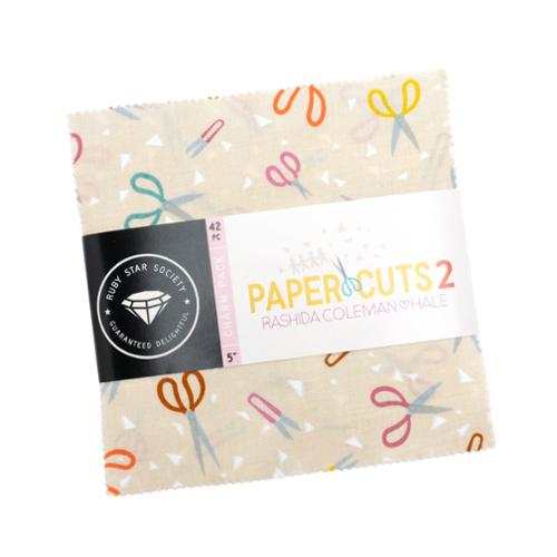 Paper Cuts 2 charm pack with 42 five-inch squares featuring colorful scissors print by Rashida Coleman Hale for Moda Fabrics