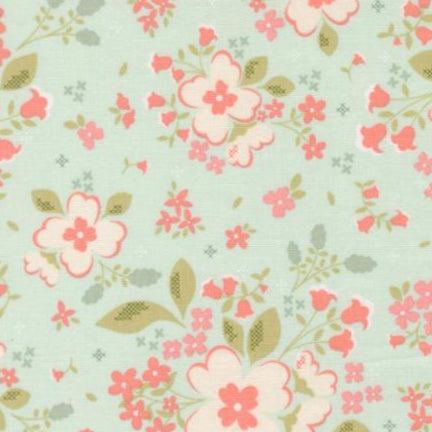Sunbonnet Pretty Petals Pale Blue fabric with delicate pink and cream floral print on light blue background
