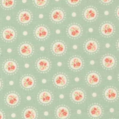 Sunbonnet Flower Dots Dusty Blue fabric with vintage floral print by Heather Briggs for Moda Fabrics