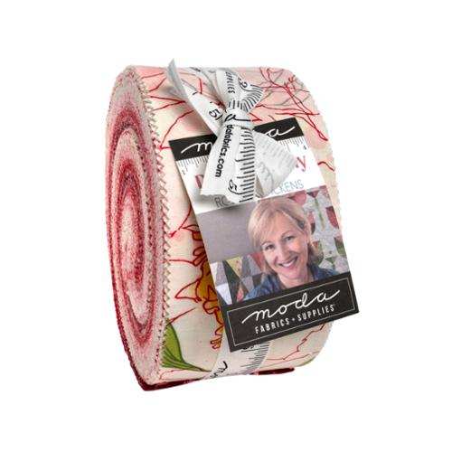 Darling Peony jelly roll fabric strips by Robin Pickens for Moda with floral and heart designs
