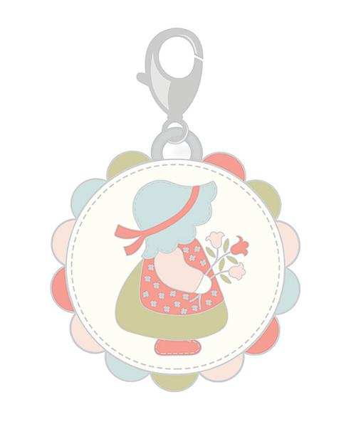 Sunbonnet Zipper Pull enamel charm with silver lobster clasp featuring vintage-inspired girl holding flowers design