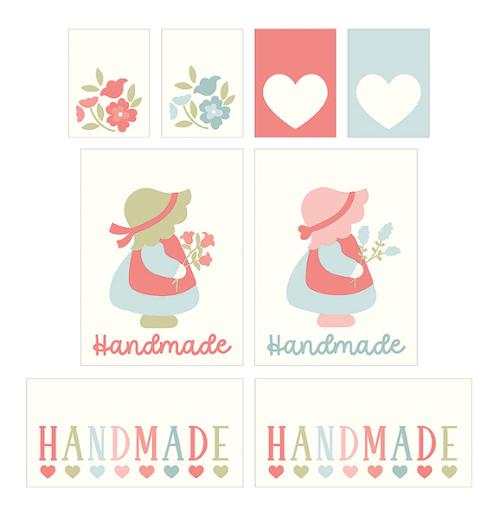Sunbonnet Woven Quilt Labels set with floral and heart designs in pastel colors for handmade quilts