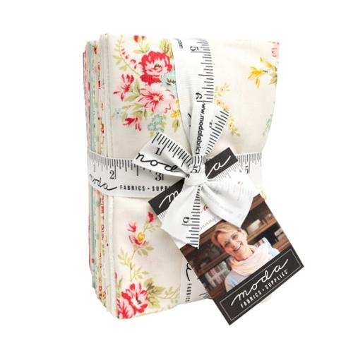 Lyda Rose Fat Eighth Bundle by Anne Sutton featuring floral fabric in yellow, aqua, pink, cream, and stone tones for quilting and crafts