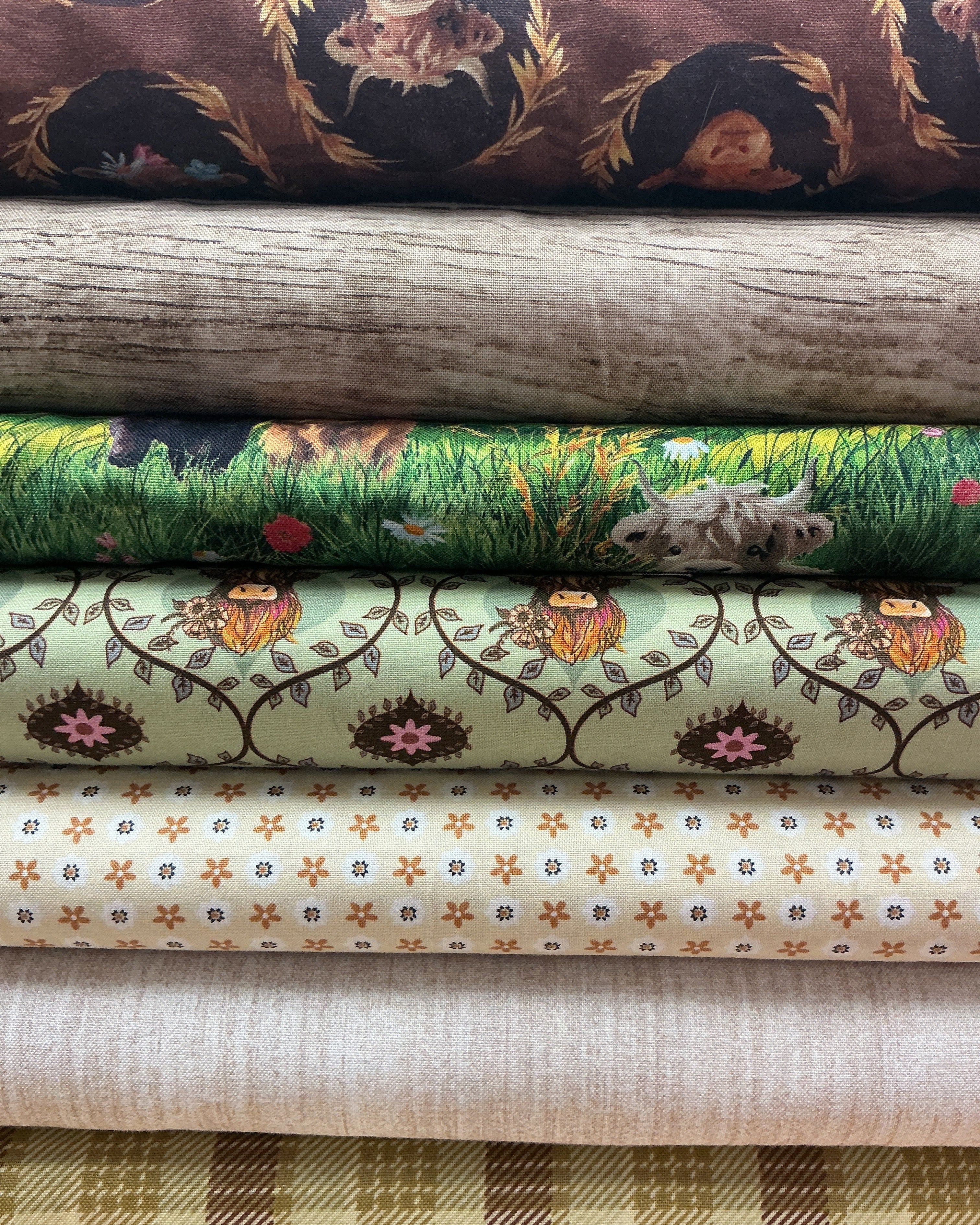 Set of seven 20-inch coordinating fabrics for Six-Pack Party quilting bundle
