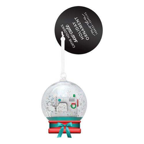 Ornament Snowglobe with sewing machine design and festive bow by Cathe Holden for Moda