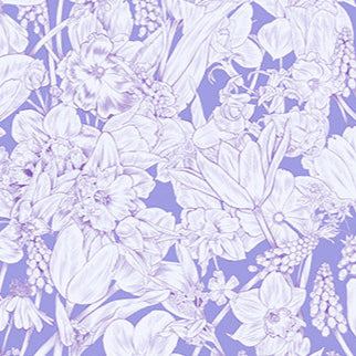 Rosa Garden Lilac fabric by Adriana Picker for Figo Fabrics featuring detailed white floral patterns on a lilac background
