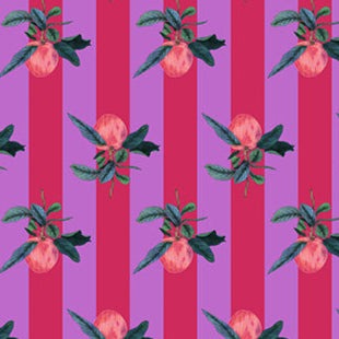 Rosa Apples Red fabric by Adriana Picker with red apple and green leaf pattern on striped pink background