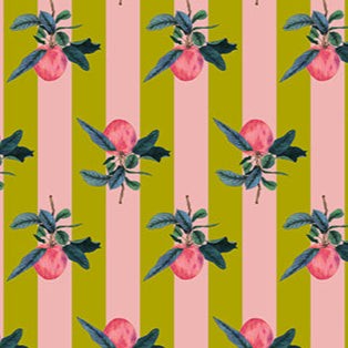 Rosa Apples Chartreuse fabric by Adriana Picker for Figo Fabrics featuring pink apples on green and pink striped background