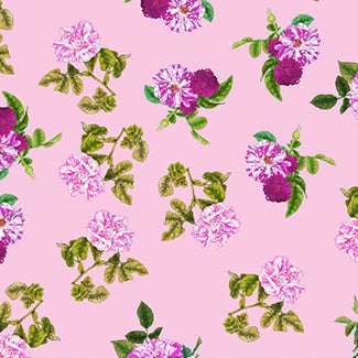 Rosa Tossed Blooms Pink fabric with vibrant rose floral pattern on pink background by Adriana Picker for Figo Fabrics