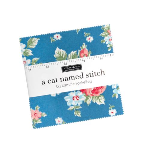 A Cat Named Stitch Charm Pack 42 five-inch fabric squares featuring cats and vintage florals