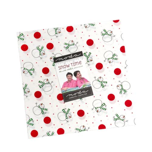 Snow Time Layer Cake fabric squares featuring festive snowmen and holiday prints by Me and My Sister Designs for Moda Fabrics