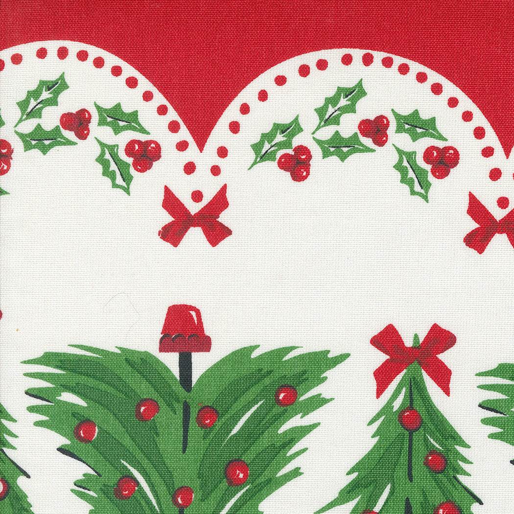 16" Classic Retro Holiday fabric with green Christmas trees and red holly on white and red background