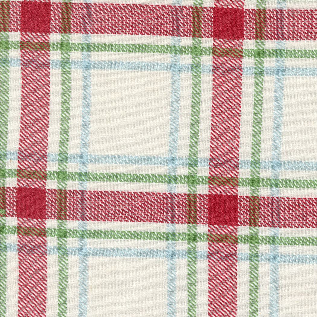 16 inch classic retro holiday plaid cotton toweling fabric in red, green, and light blue stripes on natural background